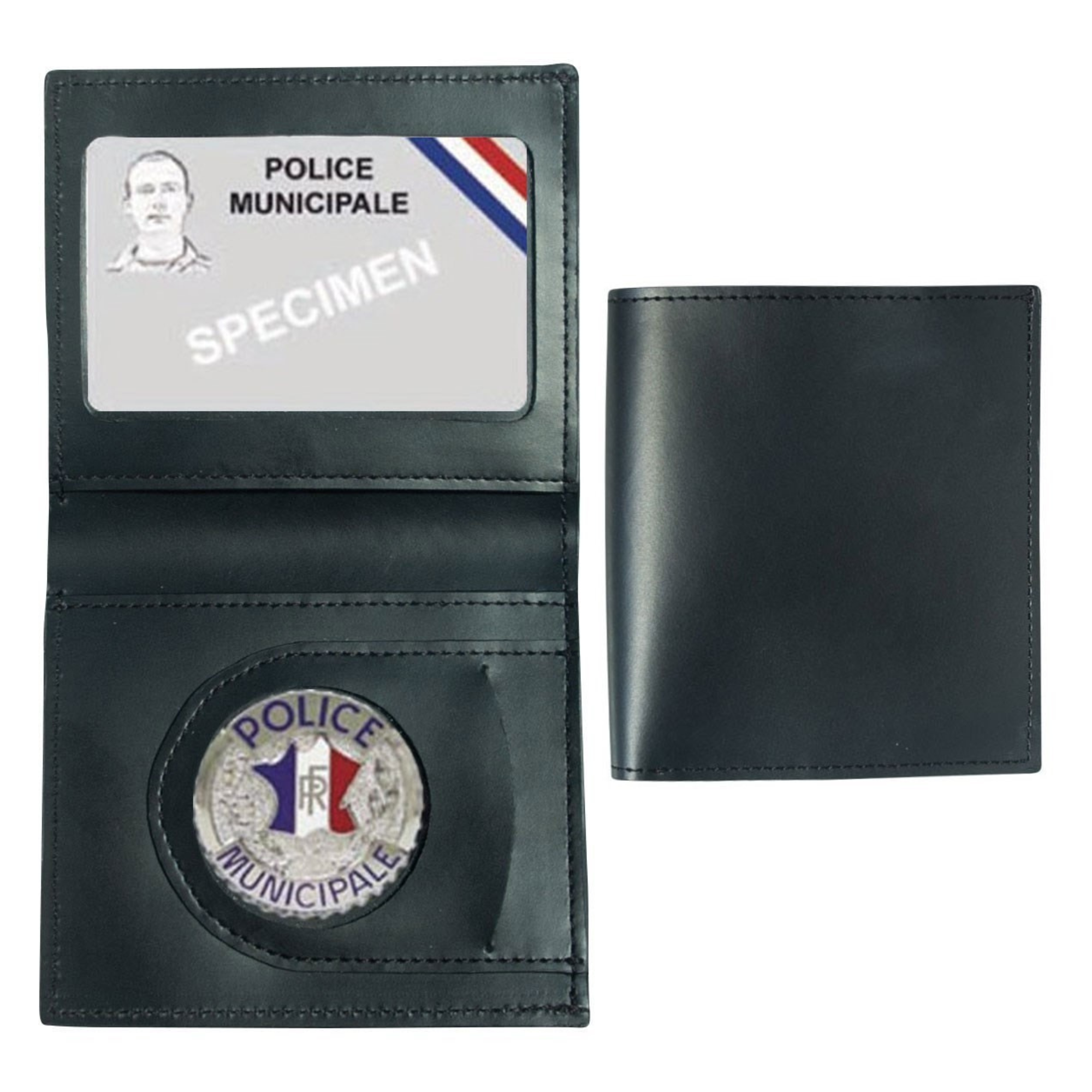 Porte-Cartes en Cuir 2 Volets Format CB avec Médaille Police Municipale et Espace pour Billet