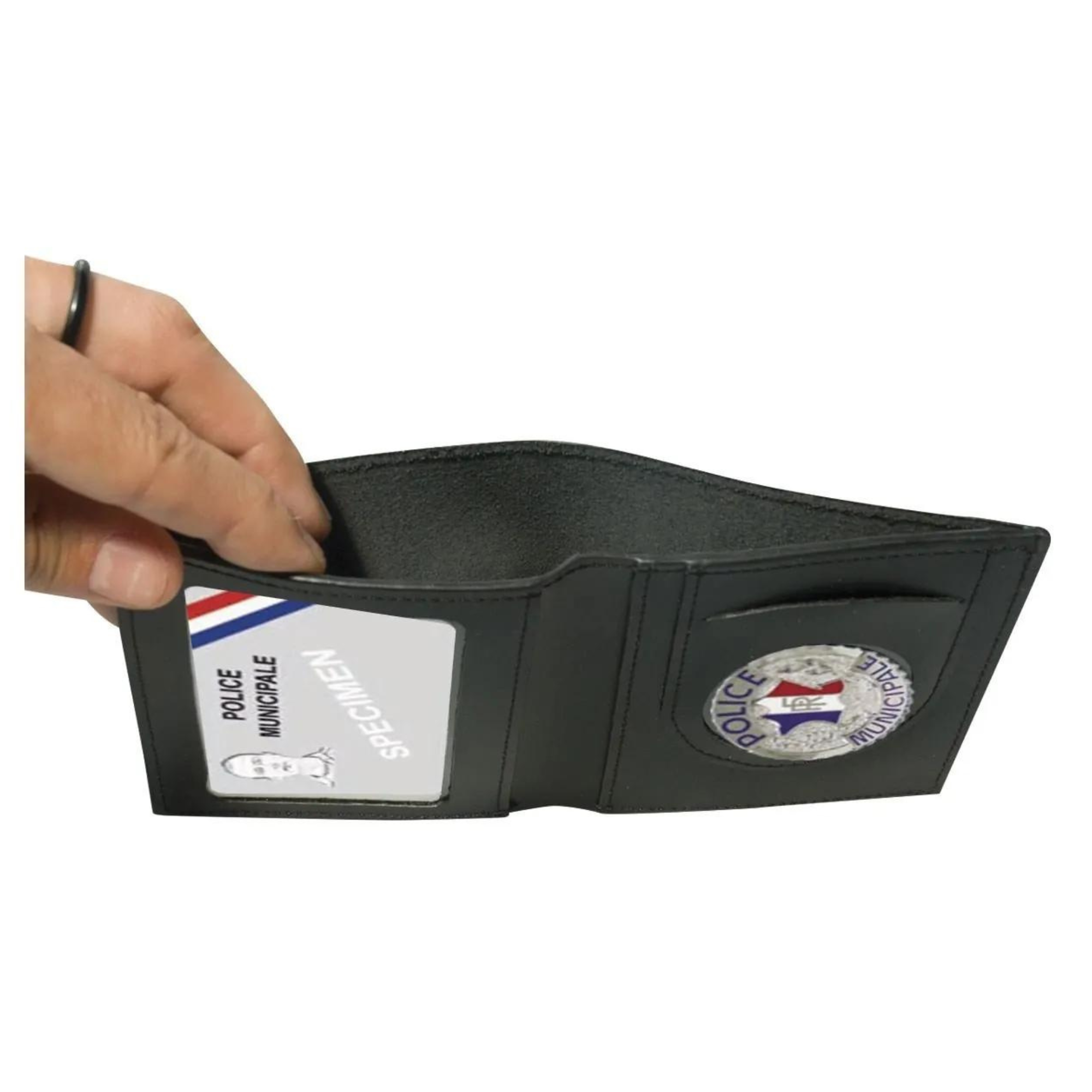 Porte-Cartes en Cuir 2 Volets Format CB avec Médaille Police Municipale et Espace pour Billet