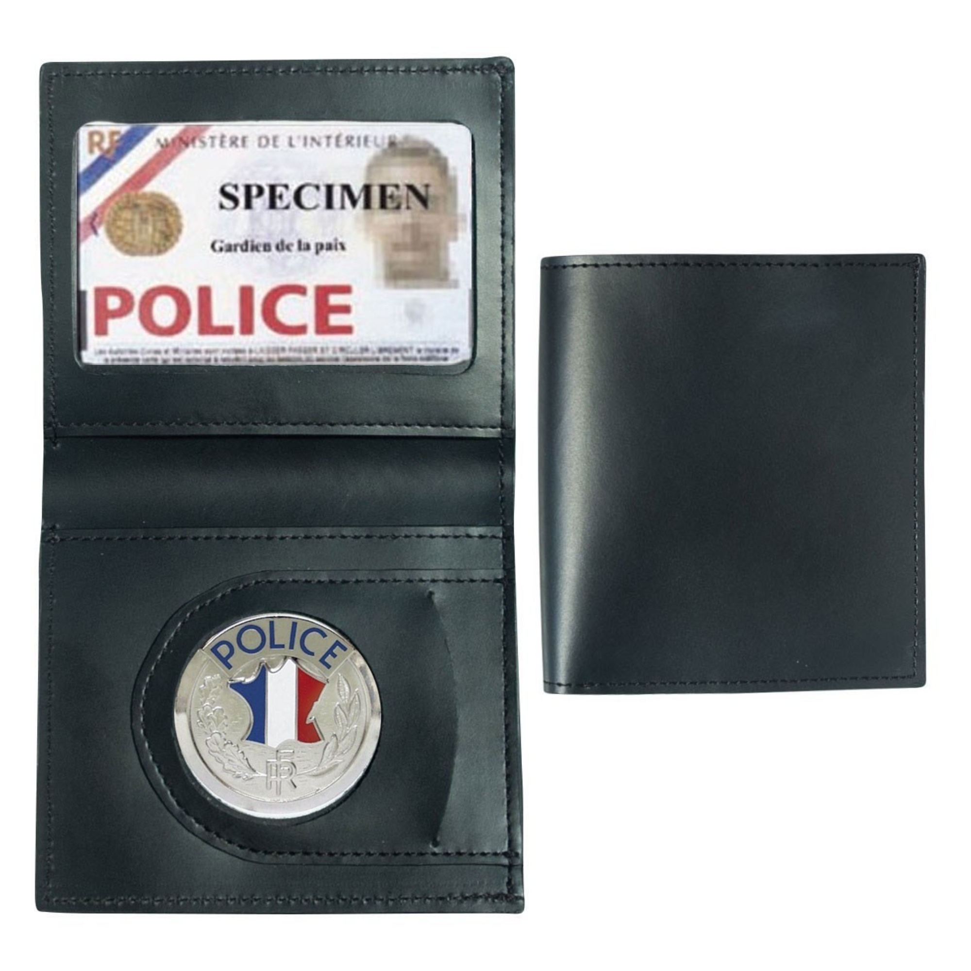 Porte-Cartes en Cuir 2 Volets Format CB avec Médaille Police et Espace pour Billet