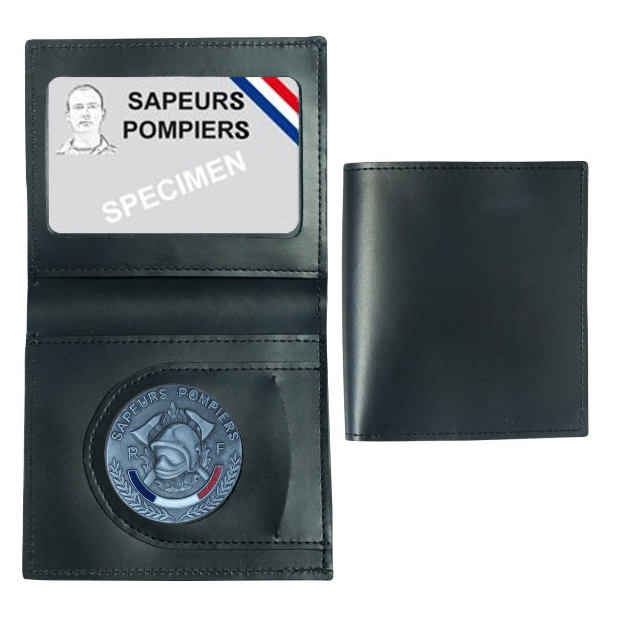 Porte-Cartes en Cuir 2 Volets Format CB avec Médaille Sapeurs Pompiers et Espace pour Billet