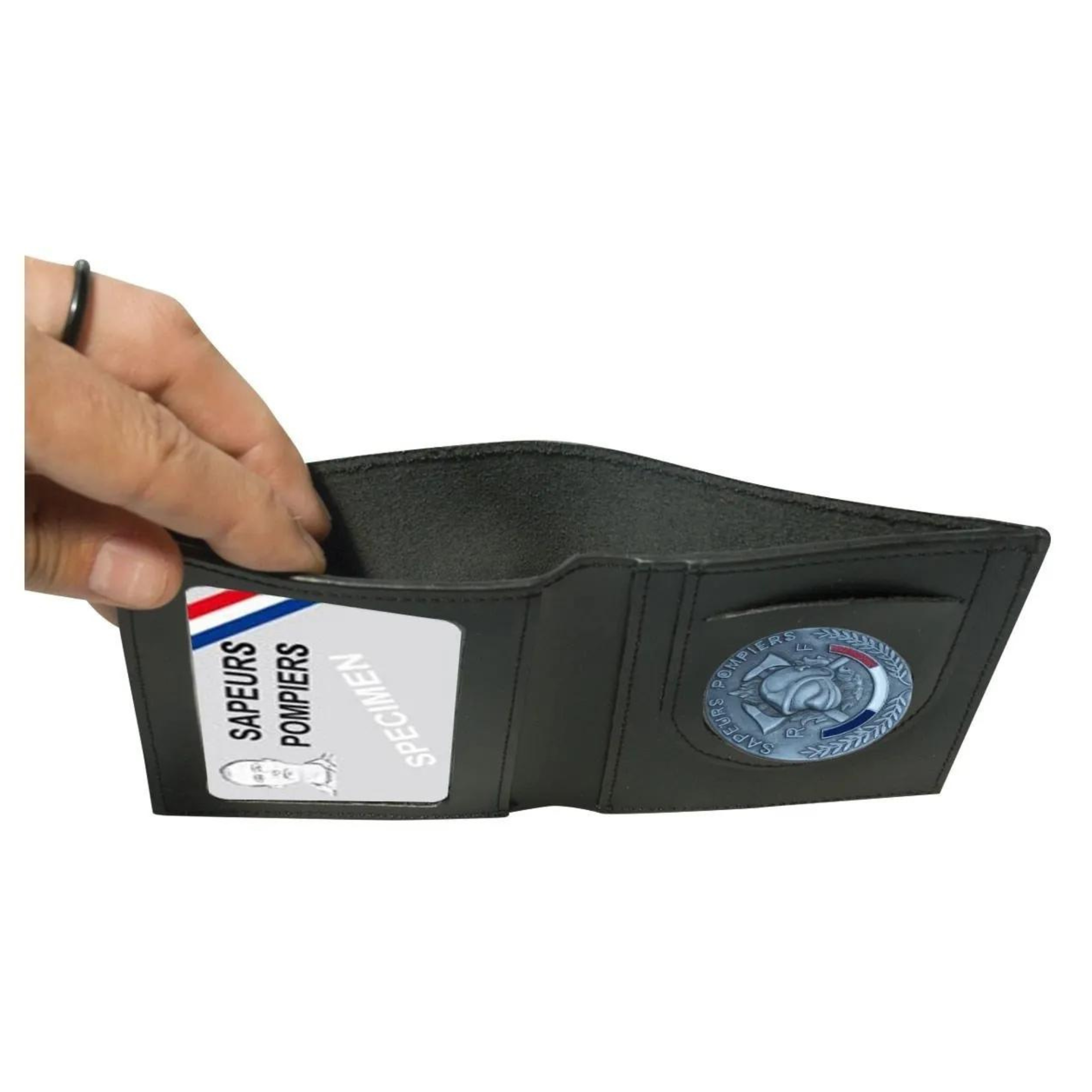 Porte-Cartes en Cuir 2 Volets Format CB avec Médaille Sapeurs Pompiers et Espace pour Billet