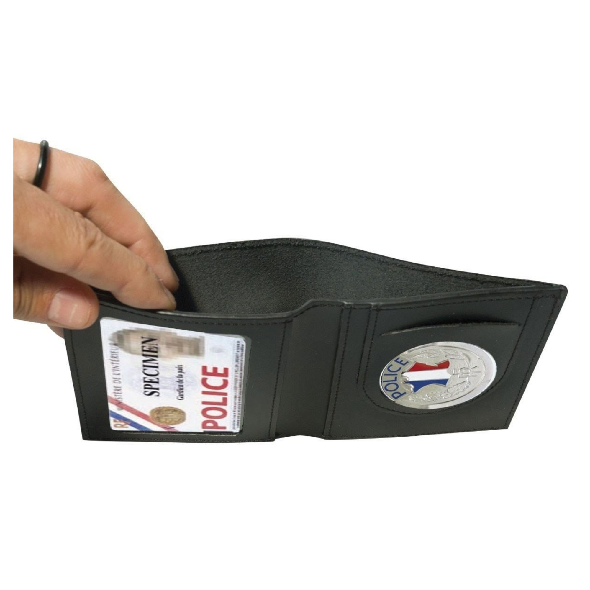 Porte-Cartes en Cuir 2 Volets Format CB avec Médaille Police et Espace pour Billet