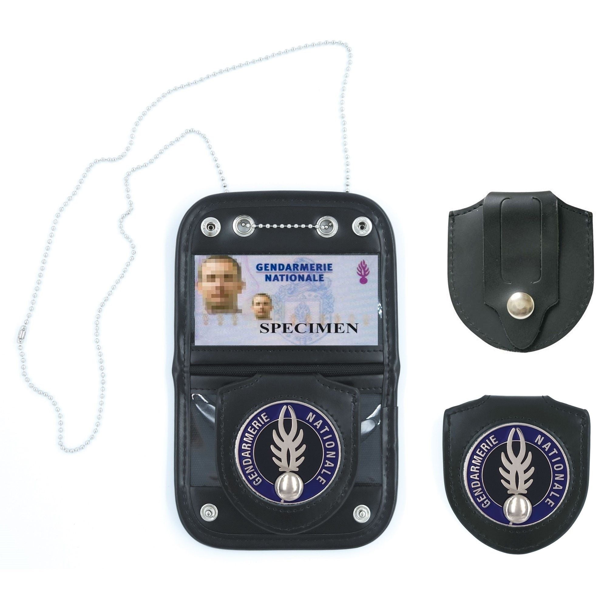 Porte-Cartes en Cuir avec Chaine, Porte Insigne et Médaille Gendarmerie